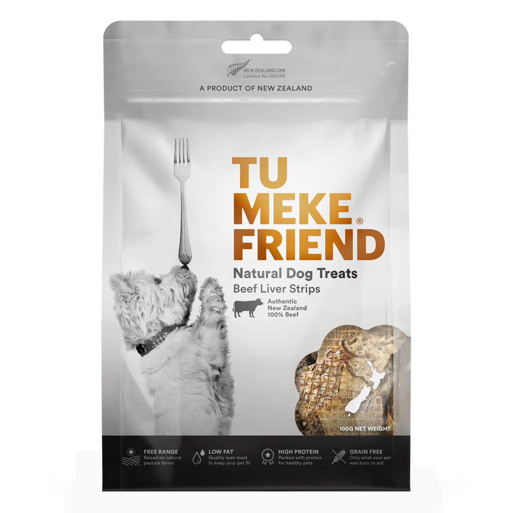Package of Tu Meke Friend natural dog treats with beef liver strips on a white background at Pet Servo