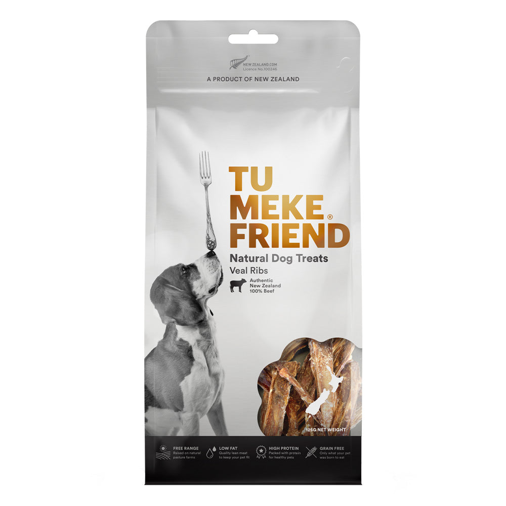 Tu Meke Friend natural dog treats packaging with a dog and bone illustration on a white background at Pet Servo
