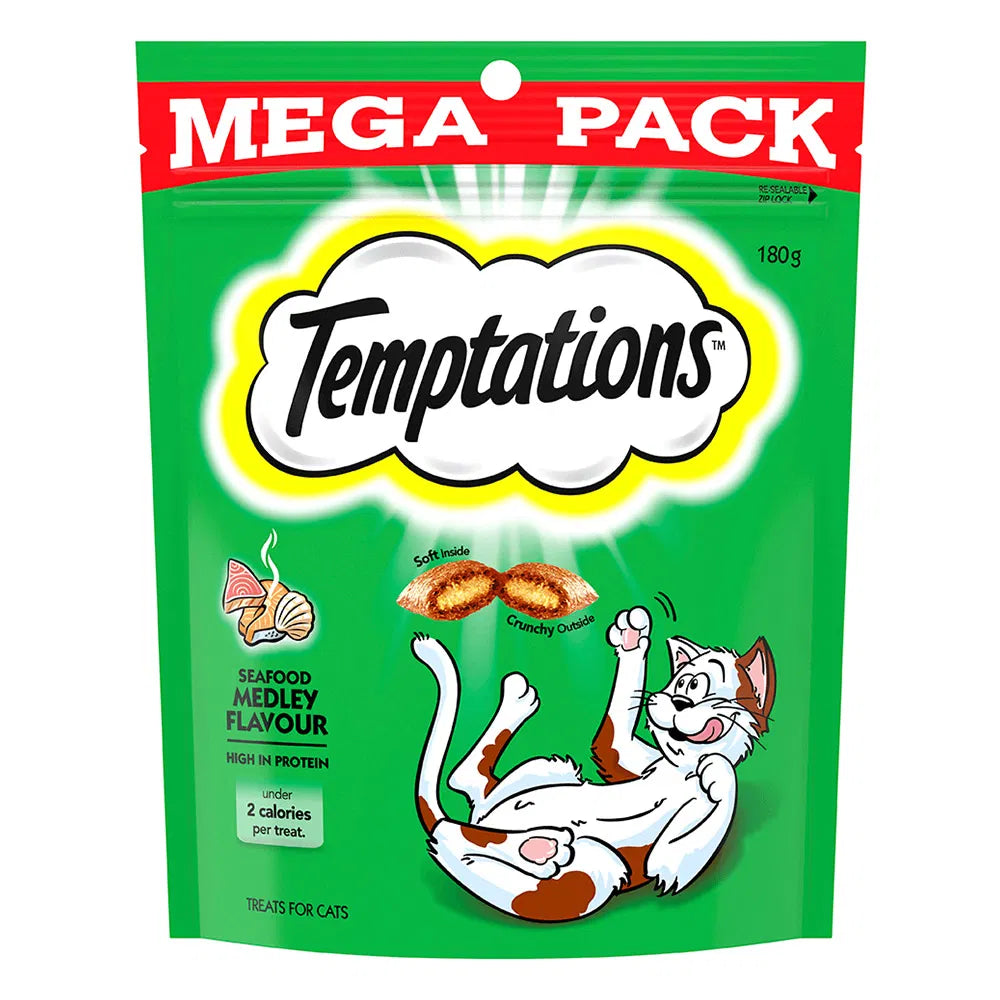 Temptations cat treats packaging with green background and red banner at Pet Servo