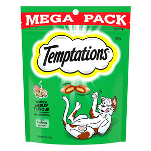 Temptations cat treats packaging with green background and red banner at Pet Servo
