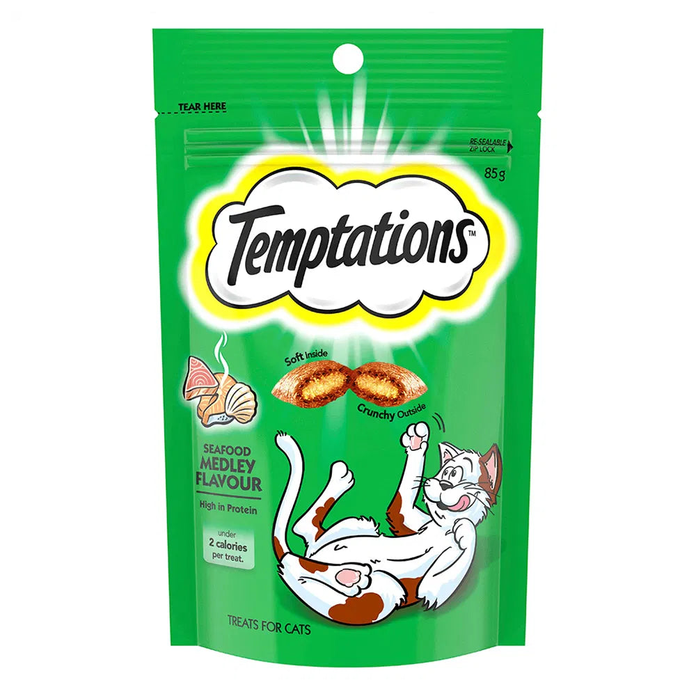 Green package of Temptations cat treats with a cartoon cat on a white background at Pet Servo