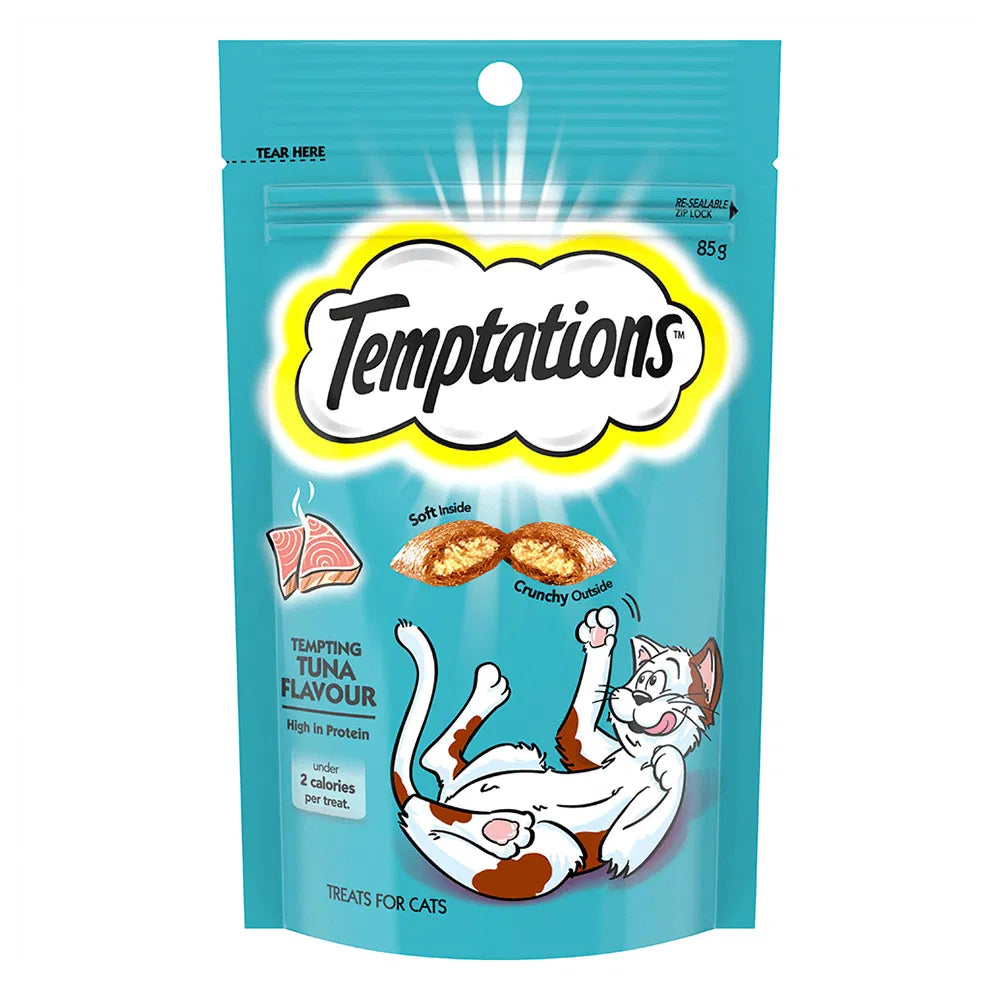 Temptations cat treat package with a blue background at Pet Servo