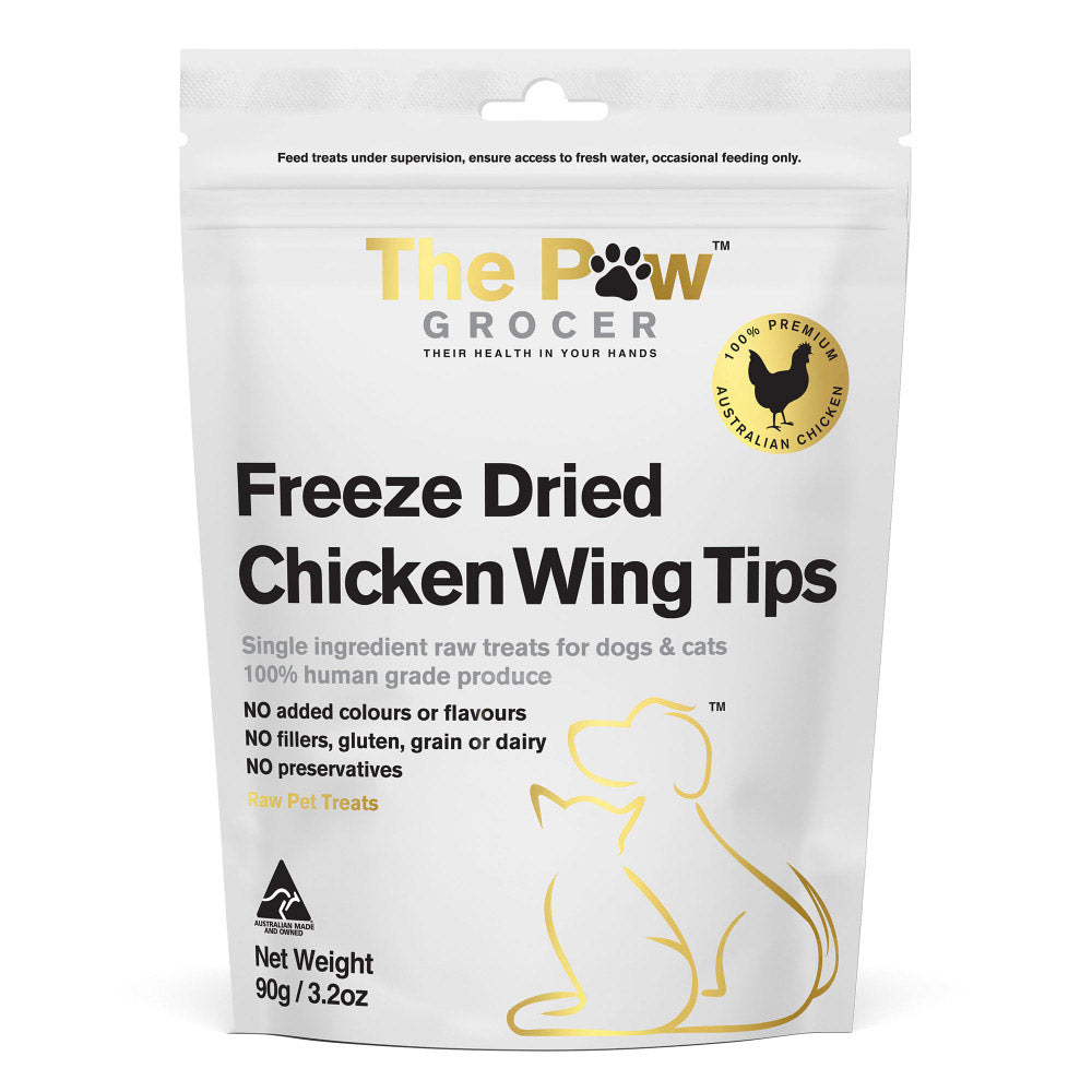 Package of 'The Paw Grocer' freeze-dried chicken wing tips for pets on a white background at Pet Servo