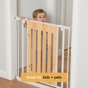Child standing behind a wooden baby gate with a white frame, labeled 'Great for kids + pets'.