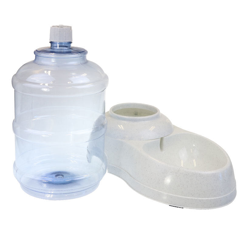 Clear water bottle and white shoe-shaped container on a white background at Pet Servo