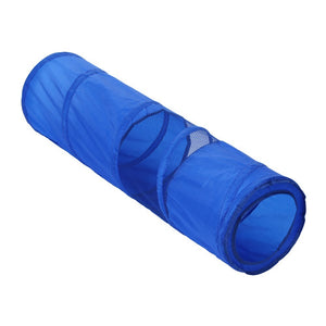 Blue cylindrical pet play tunnel on a white background at Pet Servo