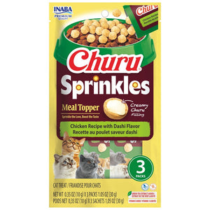Churu Sprinkles cat treat package with images of cats and text on a white background