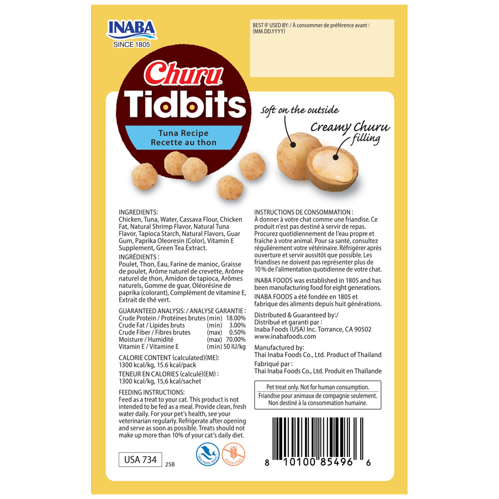 Inaba Churu Tidbits tuna recipe packaging with yellow background at Pet Servo
