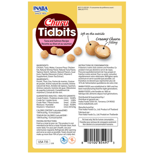 Inaba Churu Tidbits tuna and salmon recipe packaging with text and images of the product at Pet Servo