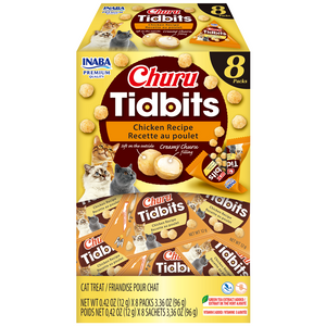 Box of Churu Tidbits Chicken Recipe cat treats with images of cats on a yellow background
