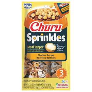 Package of Churu Sprinkles Meal Topper for dogs with a bowl of treats on the label.