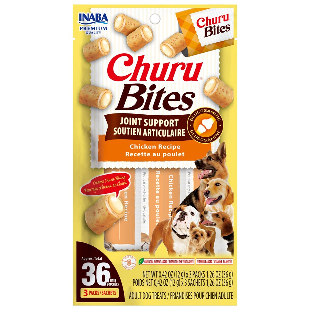 Packaging of Churu Bites Joint Support for dogs with images of dogs and text on a yellow background.