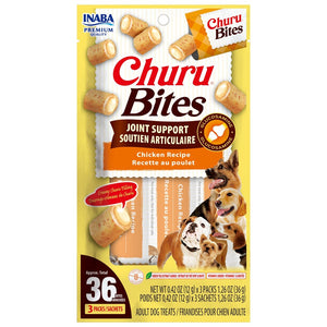 Packaging of Churu Bites Joint Support for dogs with images of dogs and text on a yellow background.