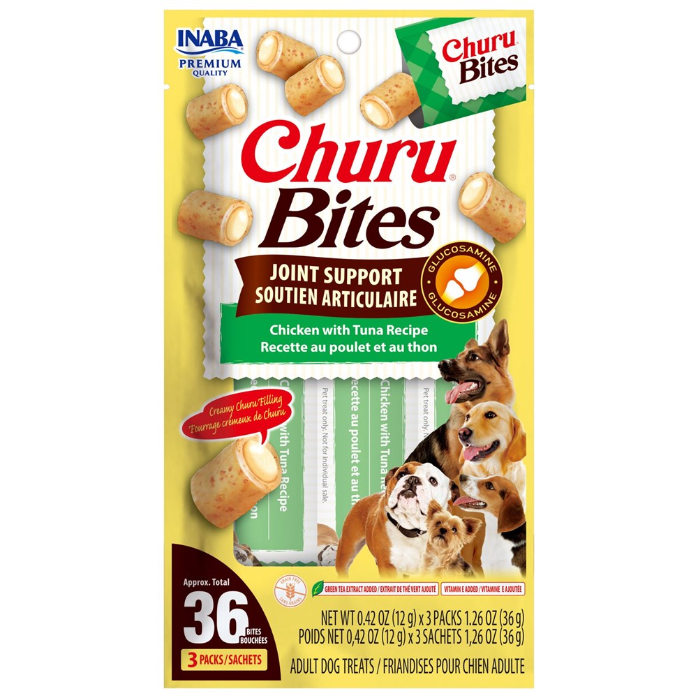 Packaging of Churu Bites joint support dog treats with INABA branding.
