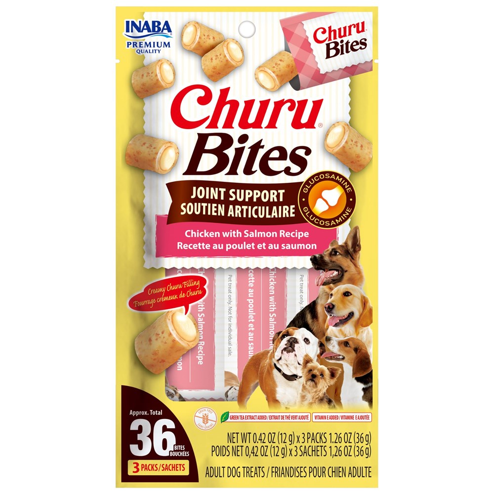 Package of Churu Bites dog treats with images of dogs and text on a white background