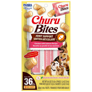 Package of Churu Bites dog treats with images of dogs and text on a white background