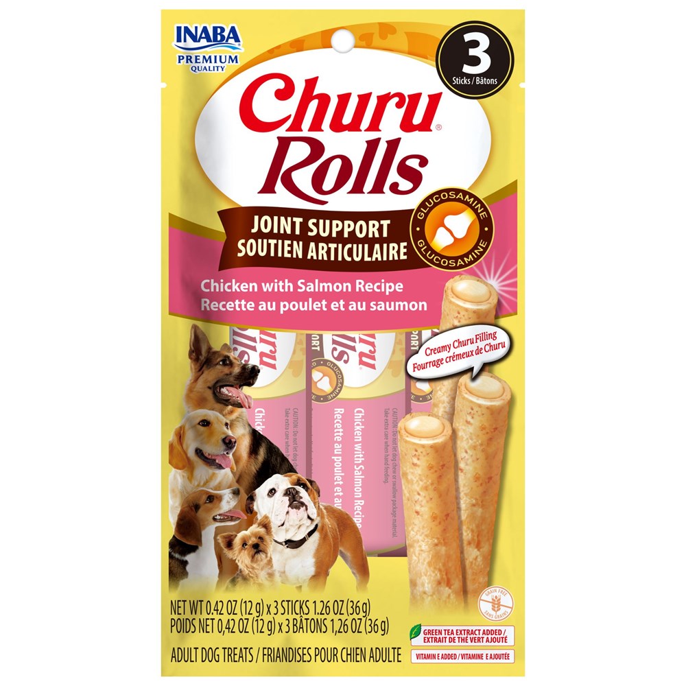 Package of Churu Rolls dog treats with images of dogs and text on a white background