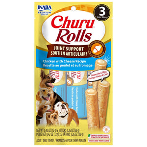 Packaging of Churu Rolls Joint Support for dogs with images of dogs and product details.
