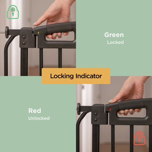 Illustration of a baby gate with locking mechanism and color indicators.