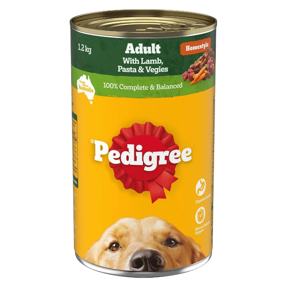 A 12 kg can of Pedigree Adult dog food with Lamb, Pasta & Vegies, featuring a bright yellow label with a red Pedigree logo and a golden retriever illustration, on a white background.
