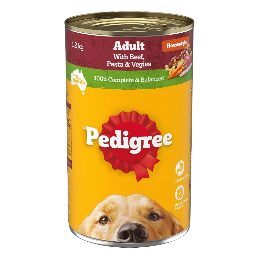 A can of Pedigree Adult dog food with Beef, Pasta & Vegies, shown on a plain white background. The can features a bright yellow label with a red Pedigree logo ribbon, a picture of a golden retriever, and a dark red top band.