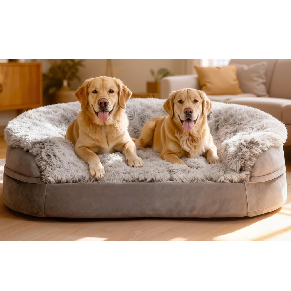 Two golden retriever dogs lying side by side on a round, plush gray pet bed in a brightly lit living room.