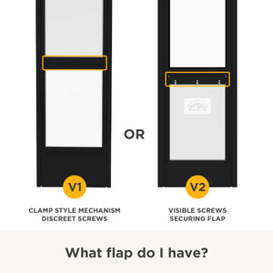 Two door flap designs with labels V1 and V2, showing different mechanisms.