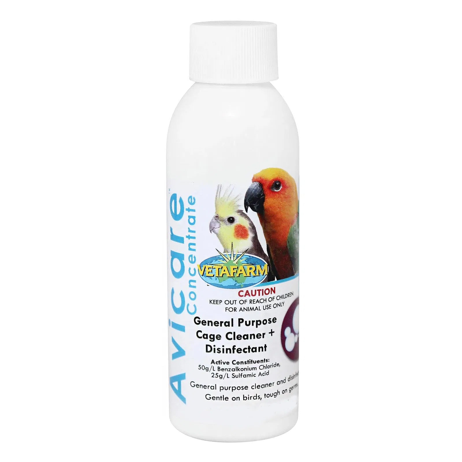 Bottle of Avicare Concentrate cage cleaner with parrot illustration on a white background at Pet Servo