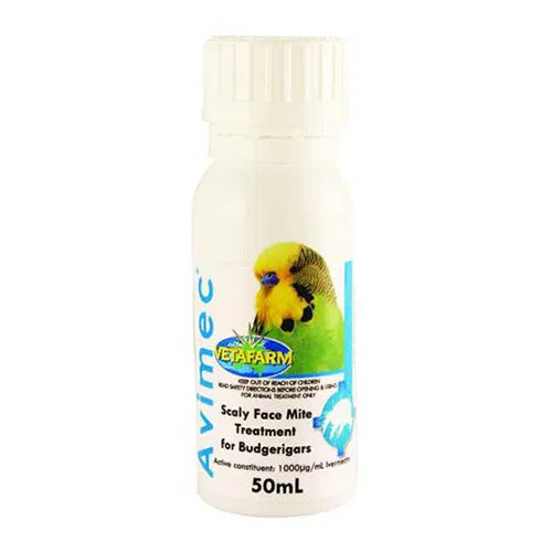 Bottle of Avimec Scaly Face Mite Treatment for Budgerigars on a white background at Pet Servo