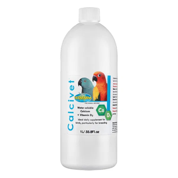 Bottle of calcivet supplement 1 liter for birds on a white background at Pet Servo