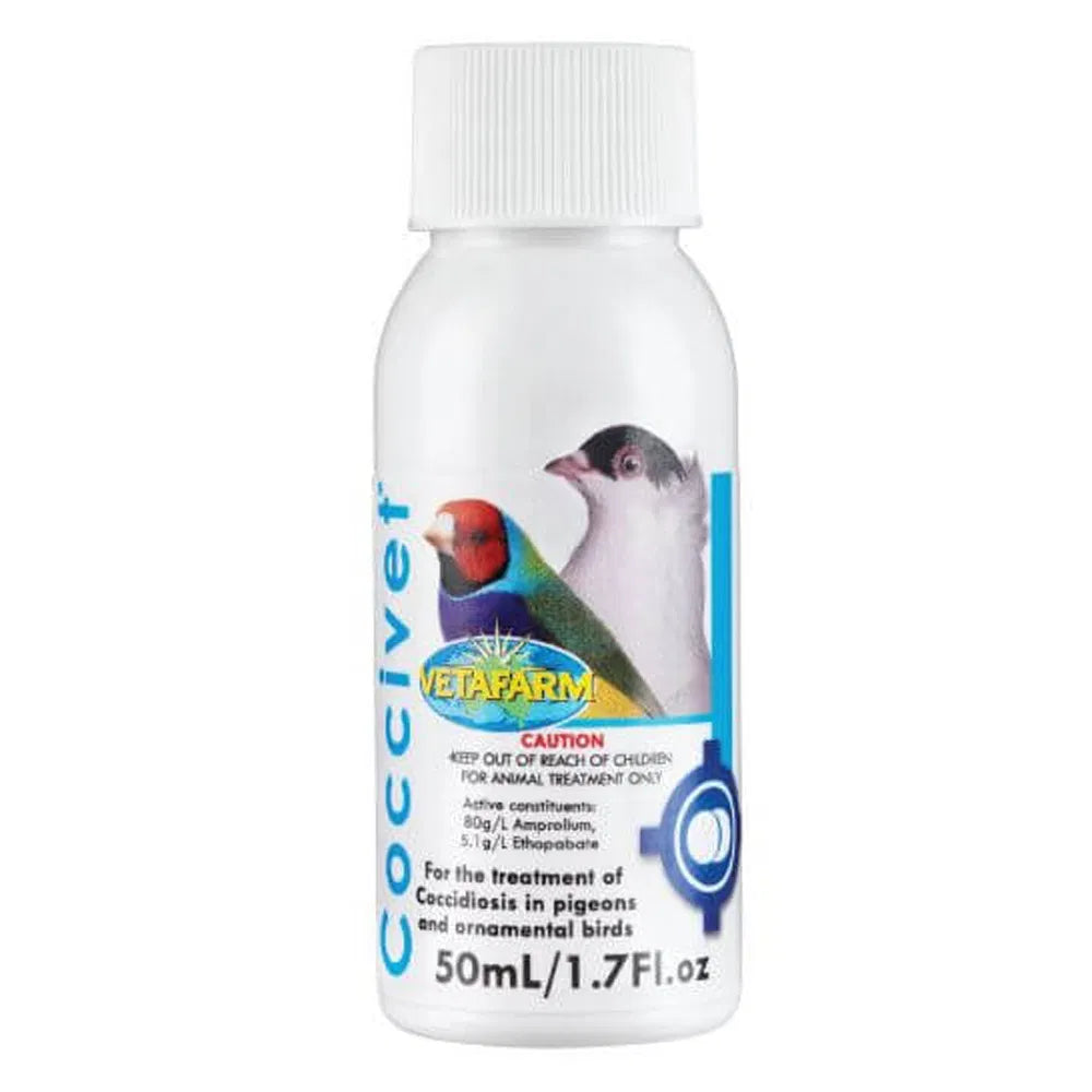 Vetafarm bottle of CocciVet for pigeon health on a white background