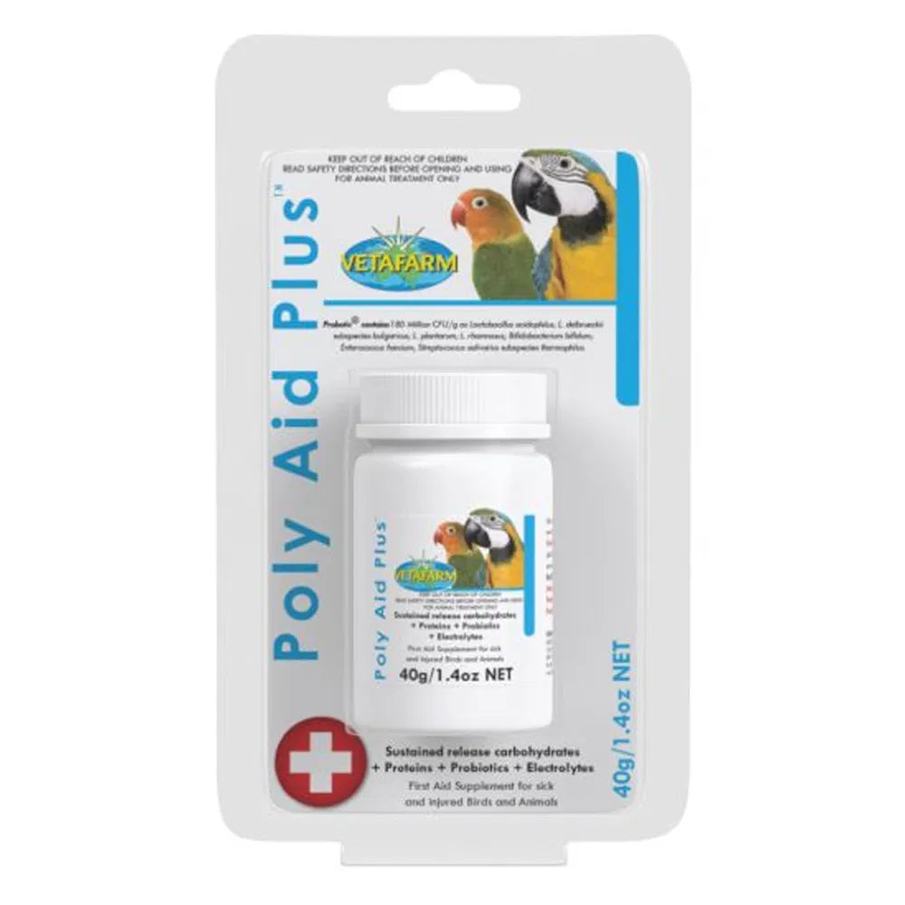VetaFarm Poly Aid Plus packaging for birds on a white background at Pet Servo