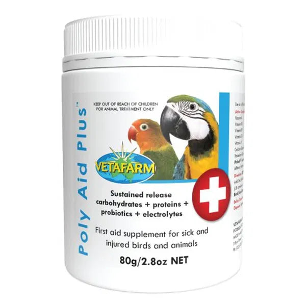 Vetafarm Poly Aid Plus supplement container for animals on a white background at Pet Servo