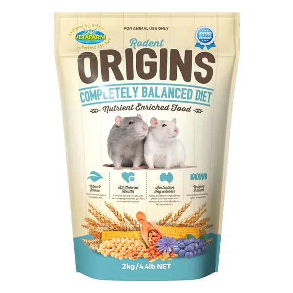 VetaFarm Rodent Origins completely balanced diet food packaging on a white background at Pet Servo