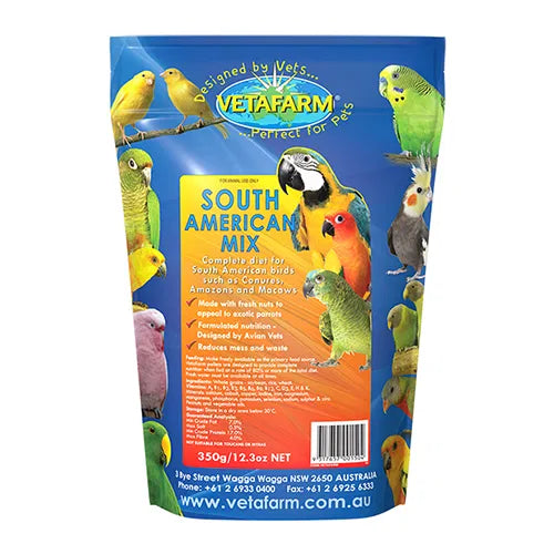 VetaFarm South American Mix bird food packaging with colorful parrot illustrations on a blue background at Pet Servo