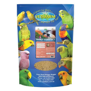 VetaFarm Parrot Essentials food 10kg packaging with colorful parrot illustrations on a blue background at Pet Servo