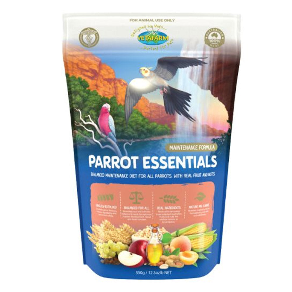 Bag of Vetafarm Parrot Essentials bird food with parrot illustrations on a white background at Pet Servo