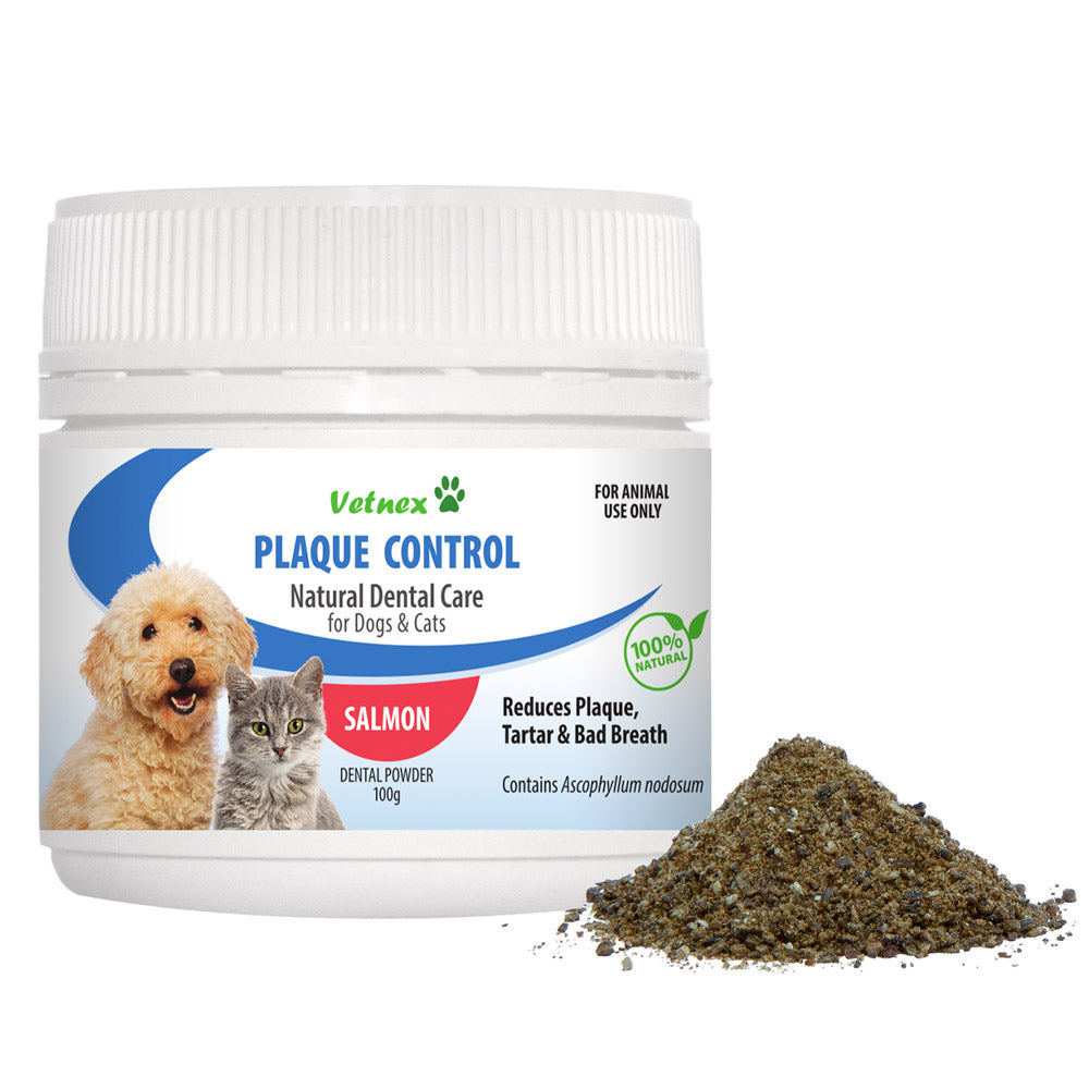 Vetnix Plaque Control dental powder for pets with a white container and visible powder on a white background at petservo