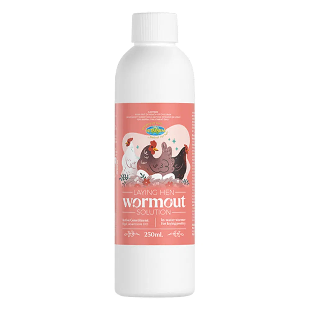 White bottle 250 ml of Laying Hen Wormout Solution with a pink label on a white background
