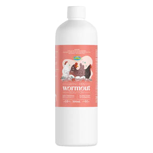 Bottle of Wormout for laying hens on a white background