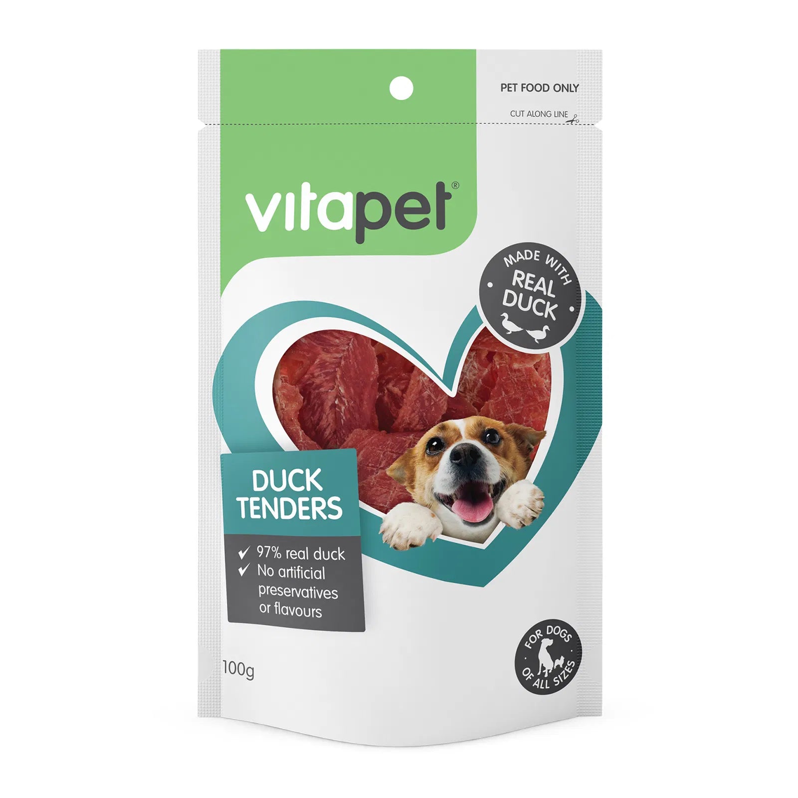 Vitapet duck tenders 100g for dogs packaging on a white background at Pet Servo.