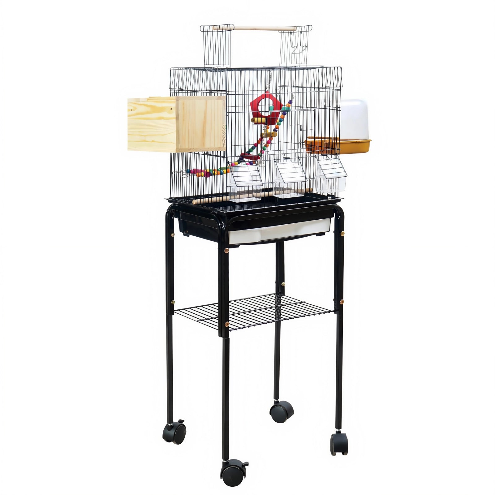 A black metal bird cage on a matching rolling stand, shown against a plain white background. The cage has a wooden perch, a hanging wooden box, a red ring, and a white food dish at Pet Servo