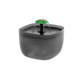 Black pet water fountain with a flower-shaped top on a white background at Pet Servo