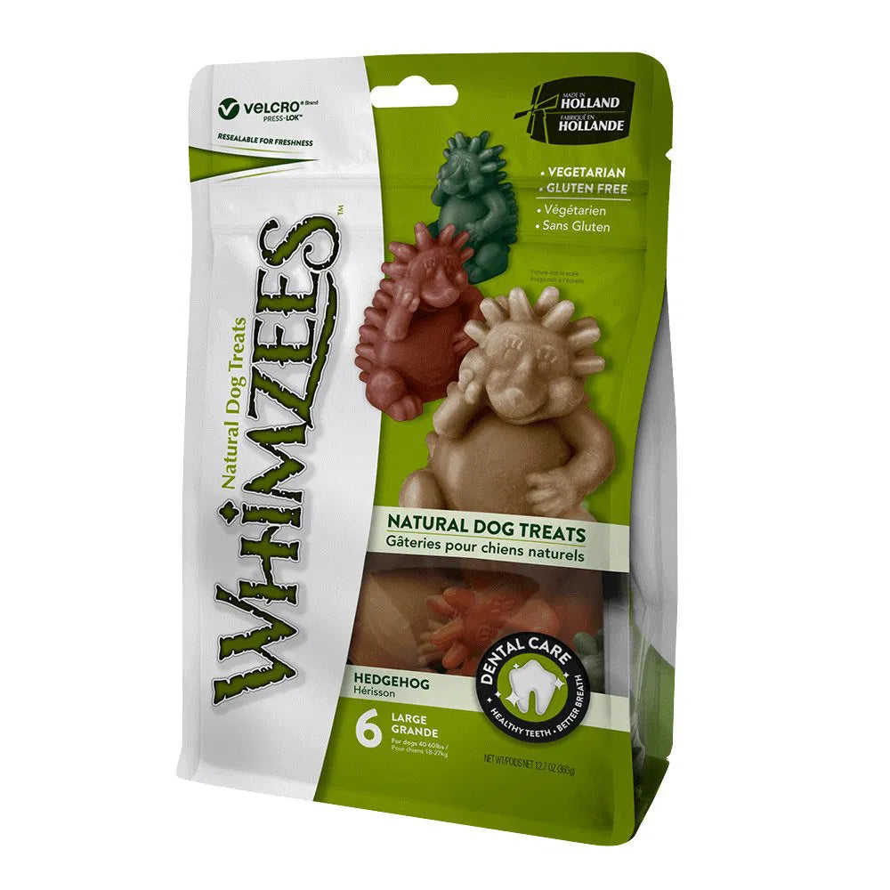 Package of Whimzees natural dog treats with hedgehog-shaped toys on a white background at Pet Servo