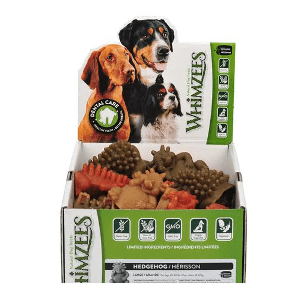 Box of Whimzees dog toys with images of dogs on a white background at Pet Servo