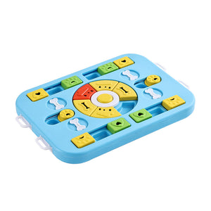 Colorful puzzle toy with various shapes on a white background at Pet Servo