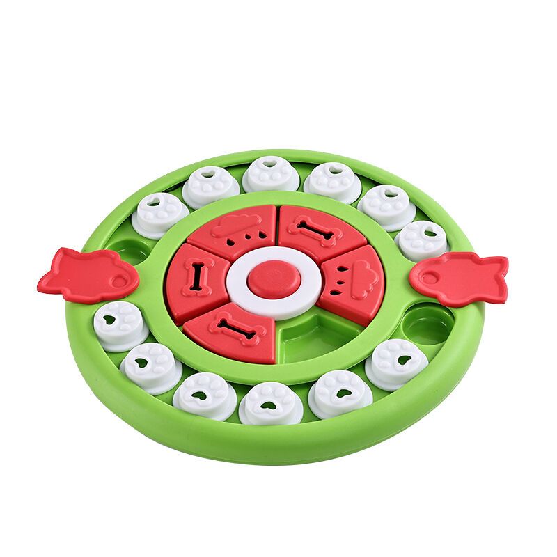 Colorful pet toy with a circular design featuring red, green, and white colors on a white background at Pet Servo