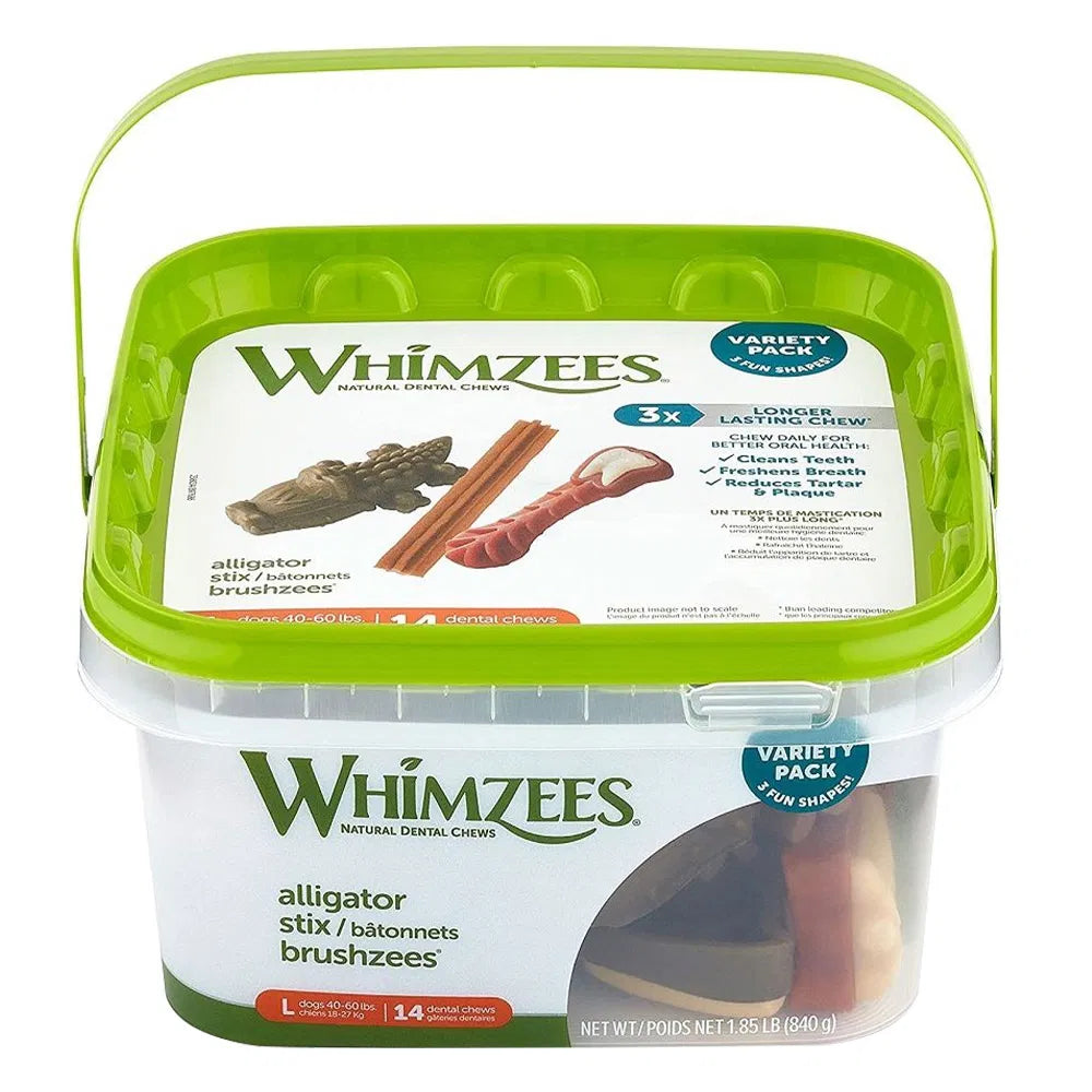 Whimzees natural dental chews packaging with green lid and white base on a white background at Pet Servo
