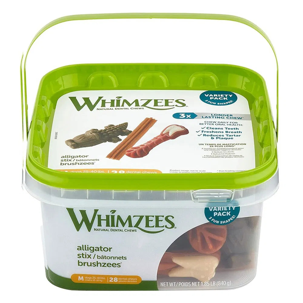 Whimzees dog chew packaging with green lid and white body on a white background at Pet Servo