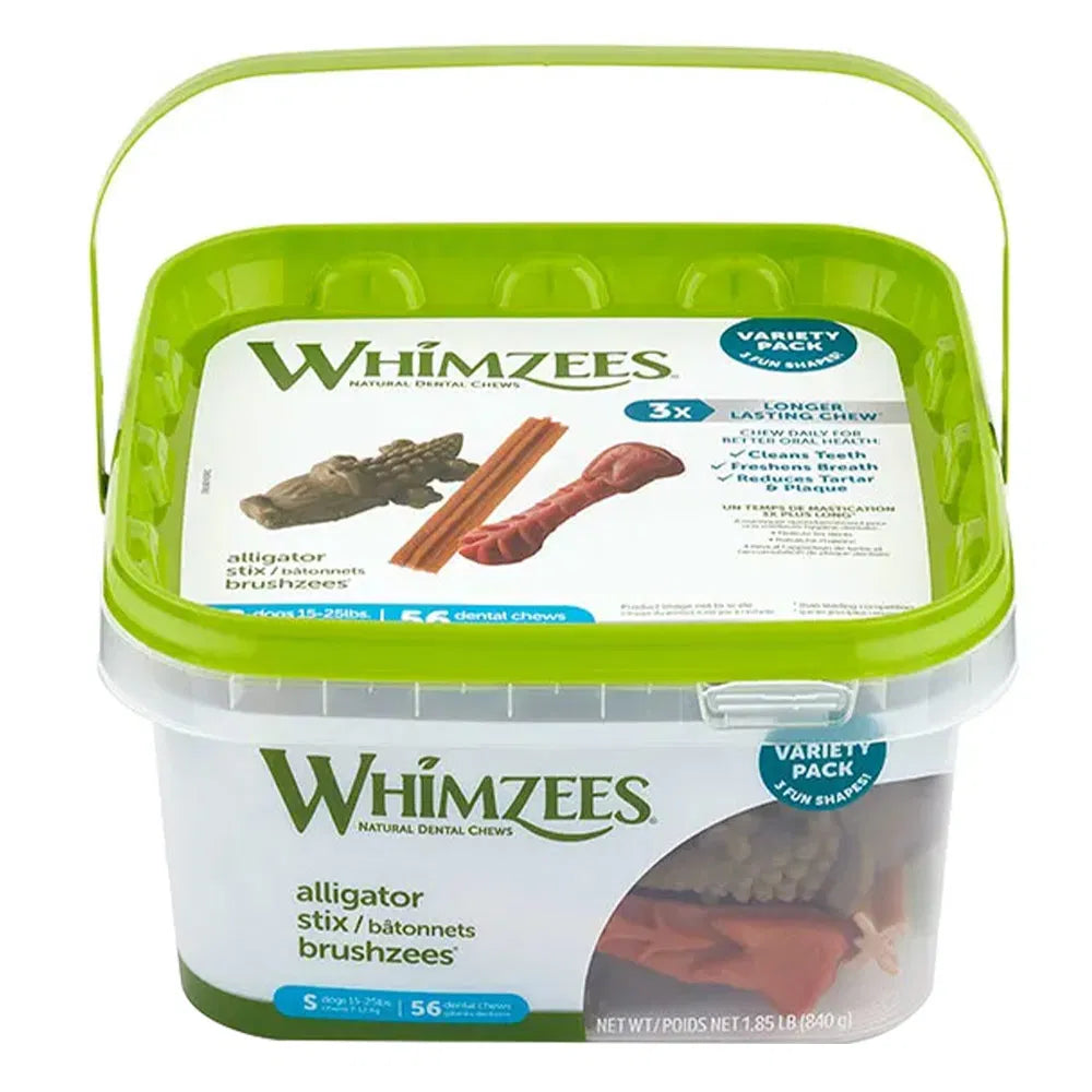 Whimzees dental chews packaging with green lid and clear container on a white background at Pt Servo